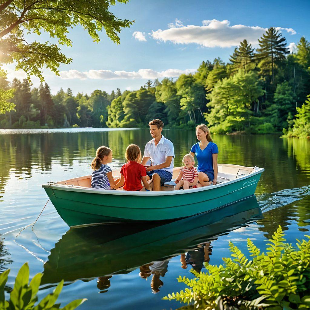 A serene lake scene with a family joyfully sailing on a small boat, surrounded by lush greenery and a bright sky. Near the shoreline, a friendly insurance agent is showcasing boat insurance options on a tablet, emphasizing affordability and safety. Include subtle elements of waves and sunlight reflecting off the water, enhancing the peaceful atmosphere. soft-focus. vibrant colors. 3D.